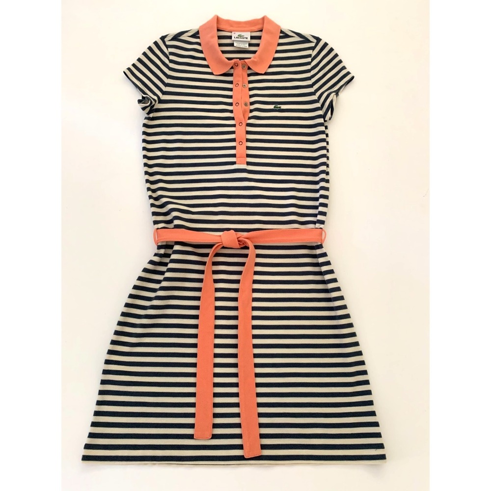 Lacoste Womens 5 Snap Belted Stripe Polo Dress Croc Gator 36 2 0 Preppy Blue